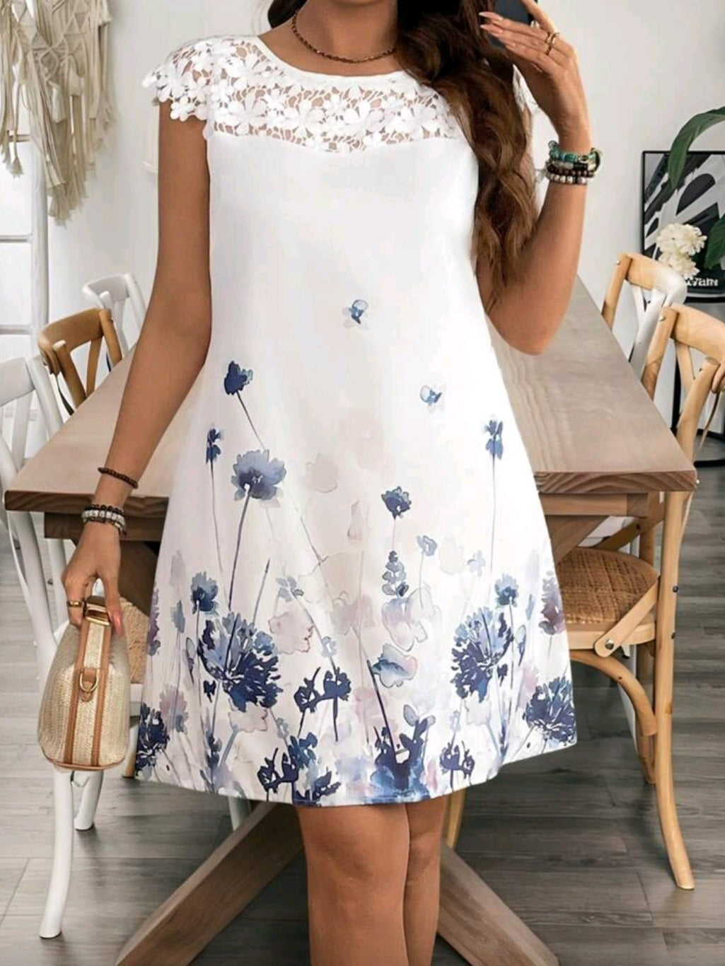 #3967 Flower Print Short Sleeve A-Line Dress