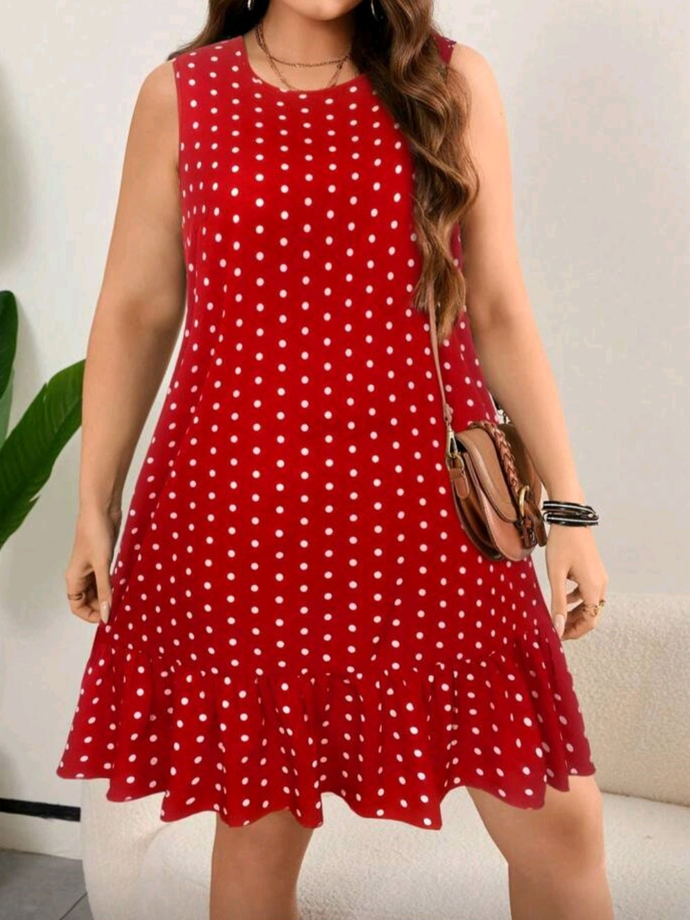 #7337 Polka Dot Print Round Neck Dress