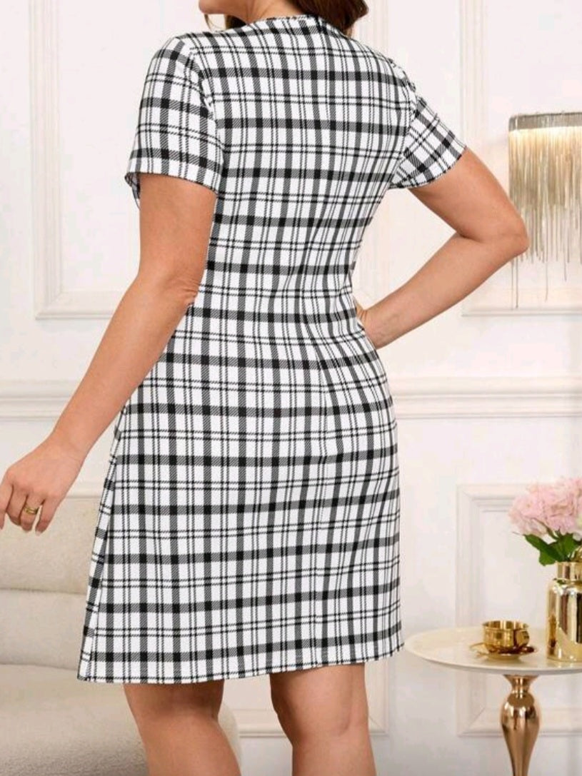 #3923 Plaid Print Fabric Dress With Satin Bow Decor