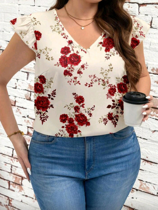 #6259 Floral Print Cap Sleeve Blouse