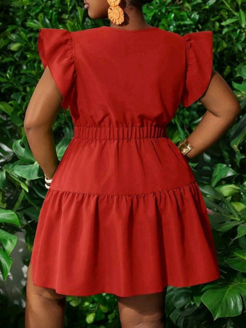 #1416V Neck Ruffle Puff Sleeve Dress