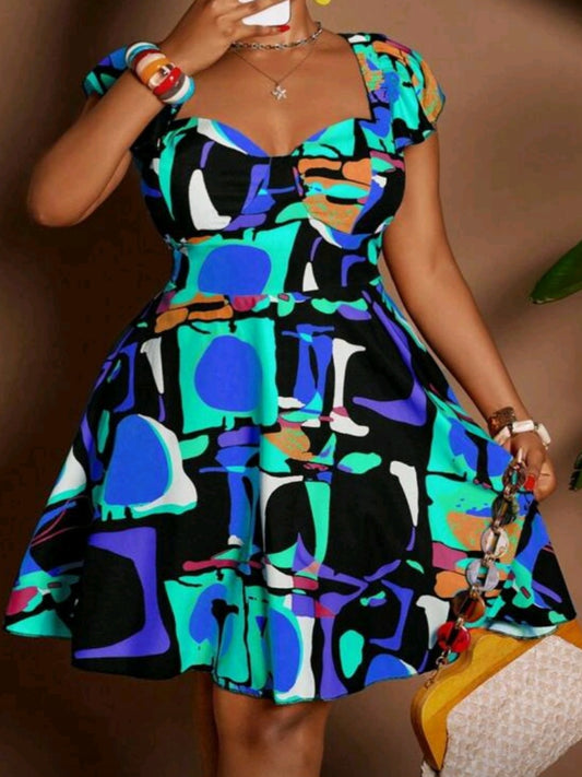 #4168 Cap Sleeve Printed Waist Flared Dress