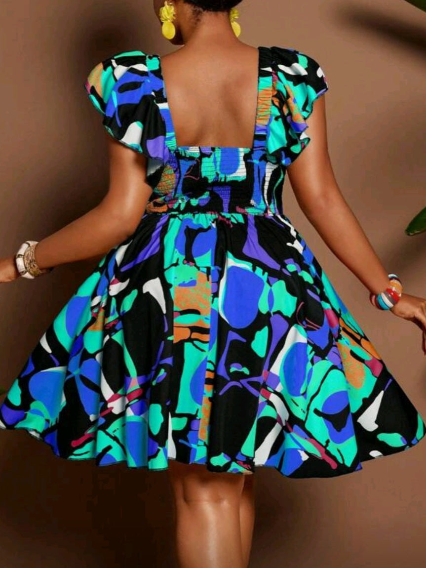 #4168 Cap Sleeve Printed Waist Flared Dress
