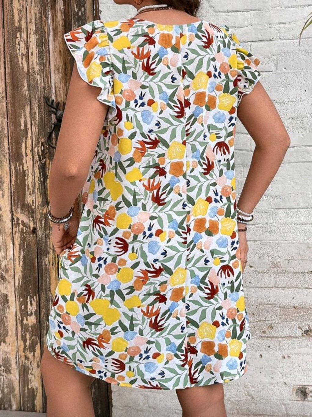 #0007 Floral Print Mini Cap Sleeve Round Neck Dress