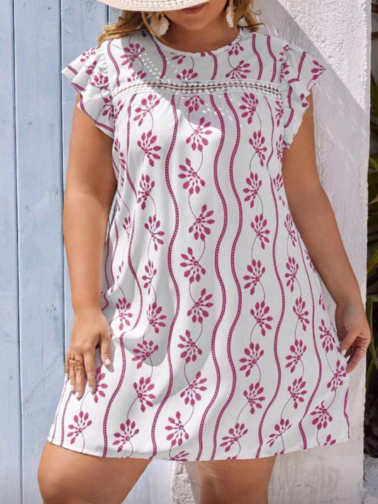 #1942 Floral Print Contrast Lace Dress