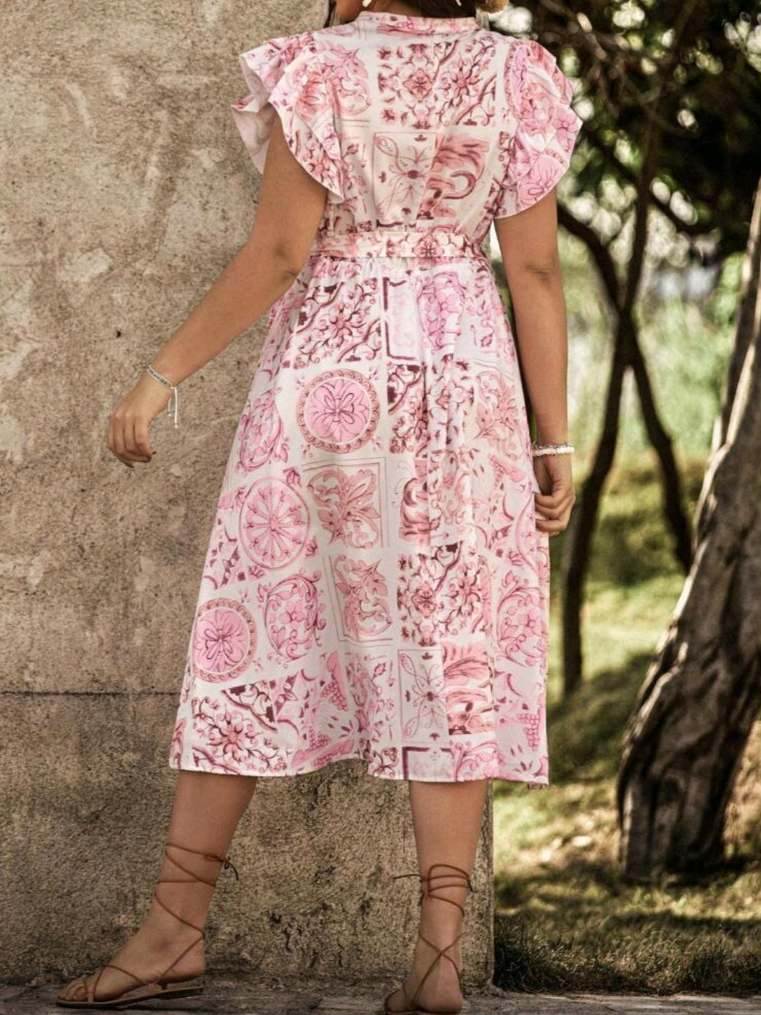 #3902 Floral Print Double Layer Sleeves Dress