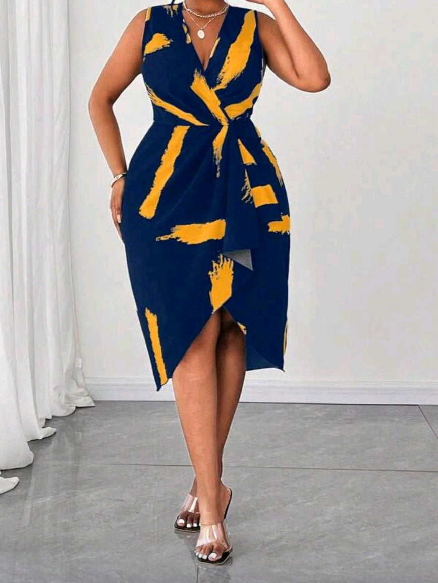 #5966 Fashion Print Sleeveless V-Neck Dress