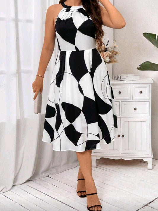 #4484 Geo Print Halter Neck Dress