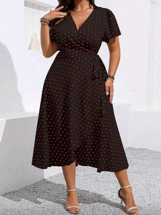 #6627 Polka Dot Print Tie-Up Wrap Dress