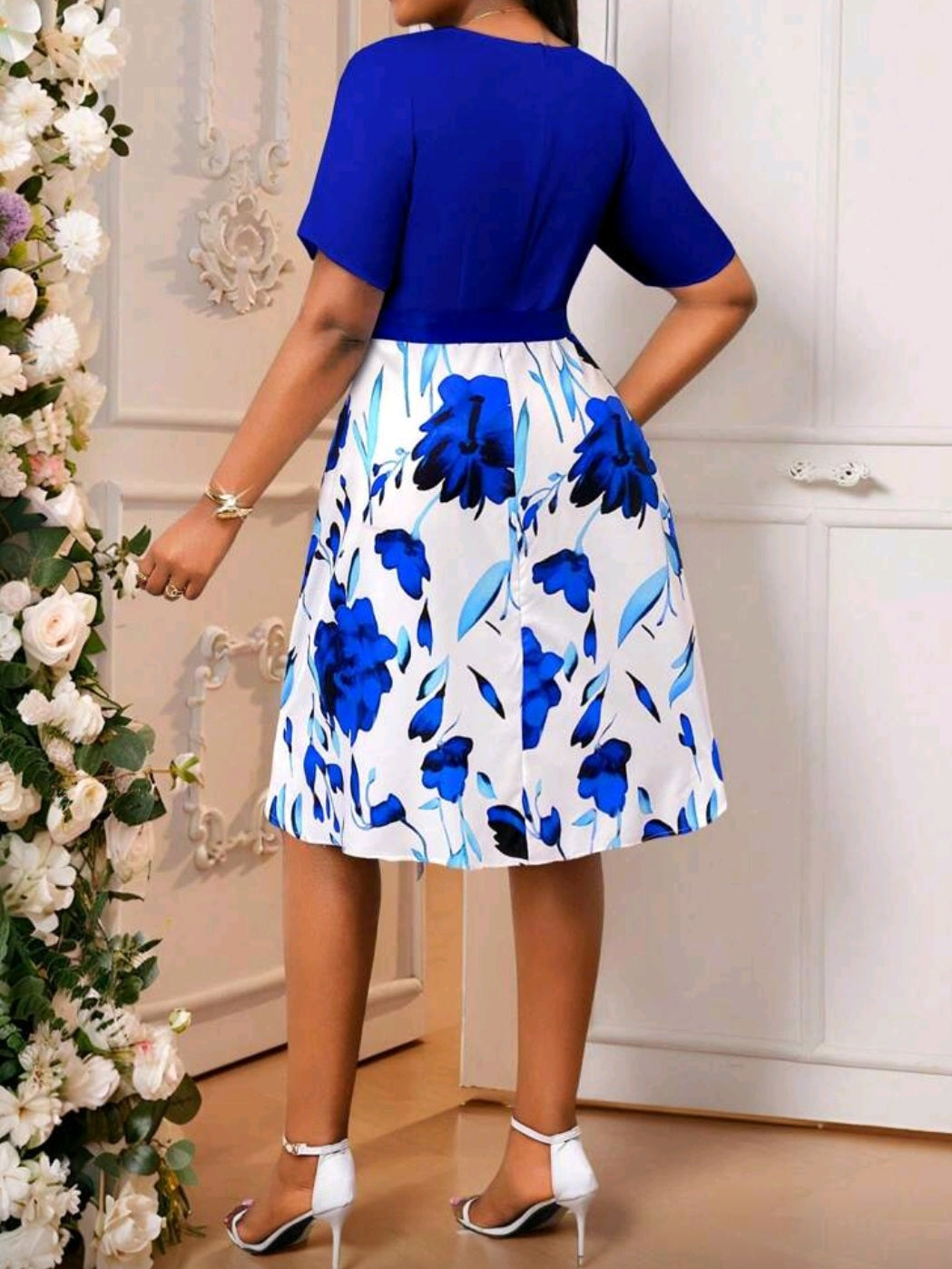 #1687 Flared Belted Short Sleeve Floral Dress