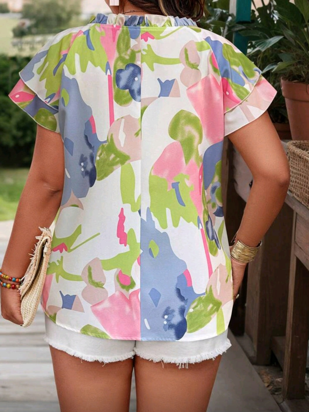 #0181 Floral Print Tie-Neck Ruffle Sleeve Blouse