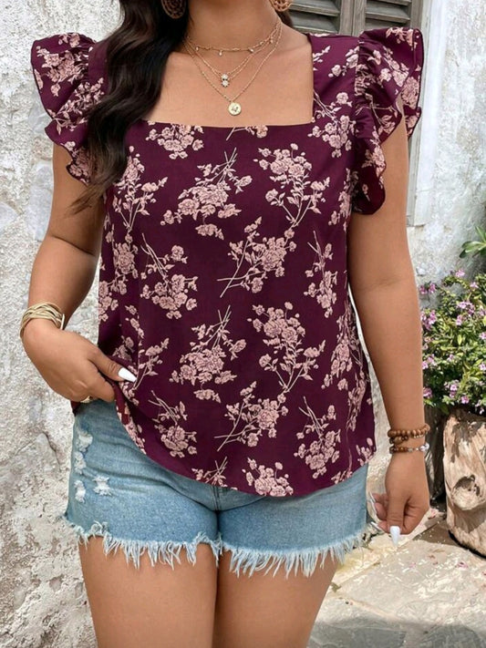 #0357 Floral Printed Short Sleeve Square Neckline Blouse