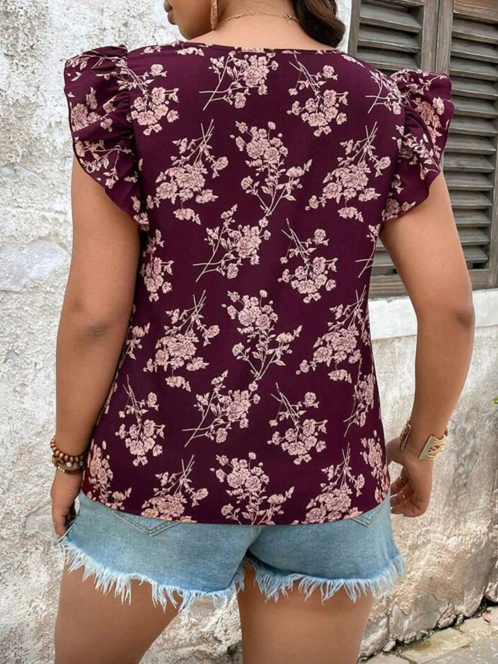 #0357 Floral Printed Short Sleeve Square Neckline Blouse
