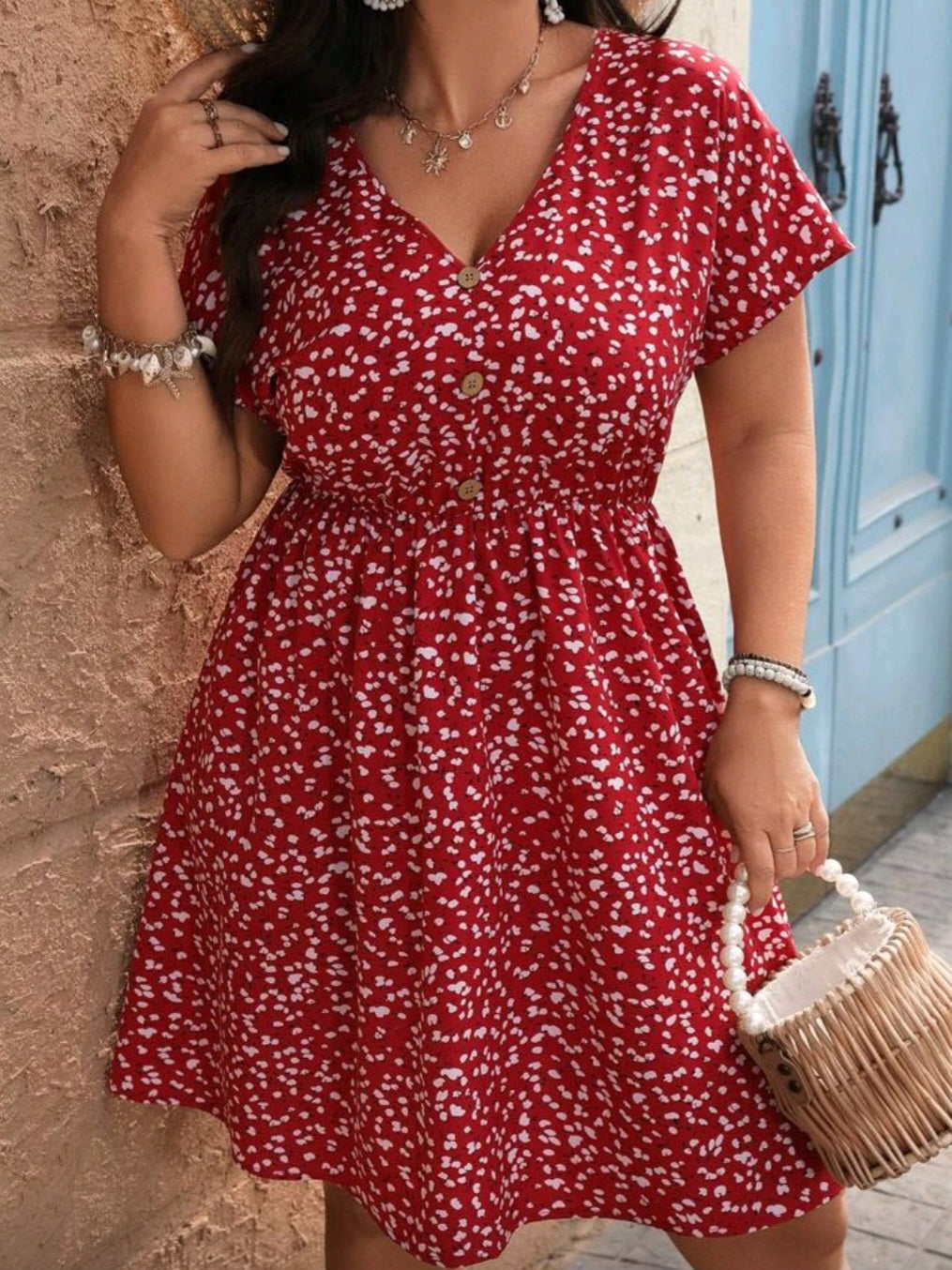 #4494 Batwing Short Sleeve V-Neck Dress