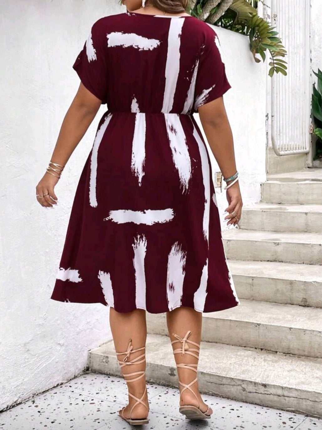 #2213 Brush Print Batwing Sleeve Split Thigh Belted Dress