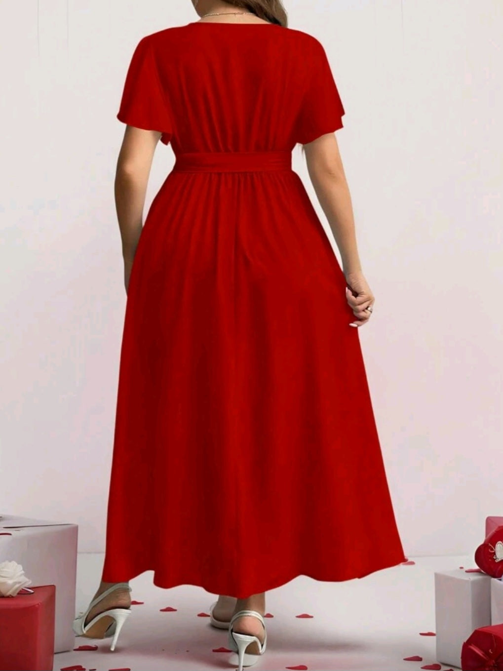 #3637 Elegant Tie Waist Long Solid Colour Dress