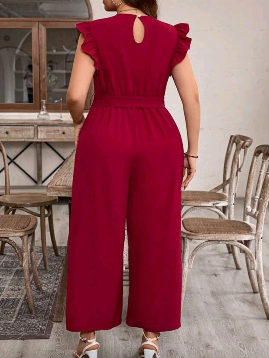#7922 Solid Color V-Neck Jumpsuit With Ruffle Edge And Waist Belt