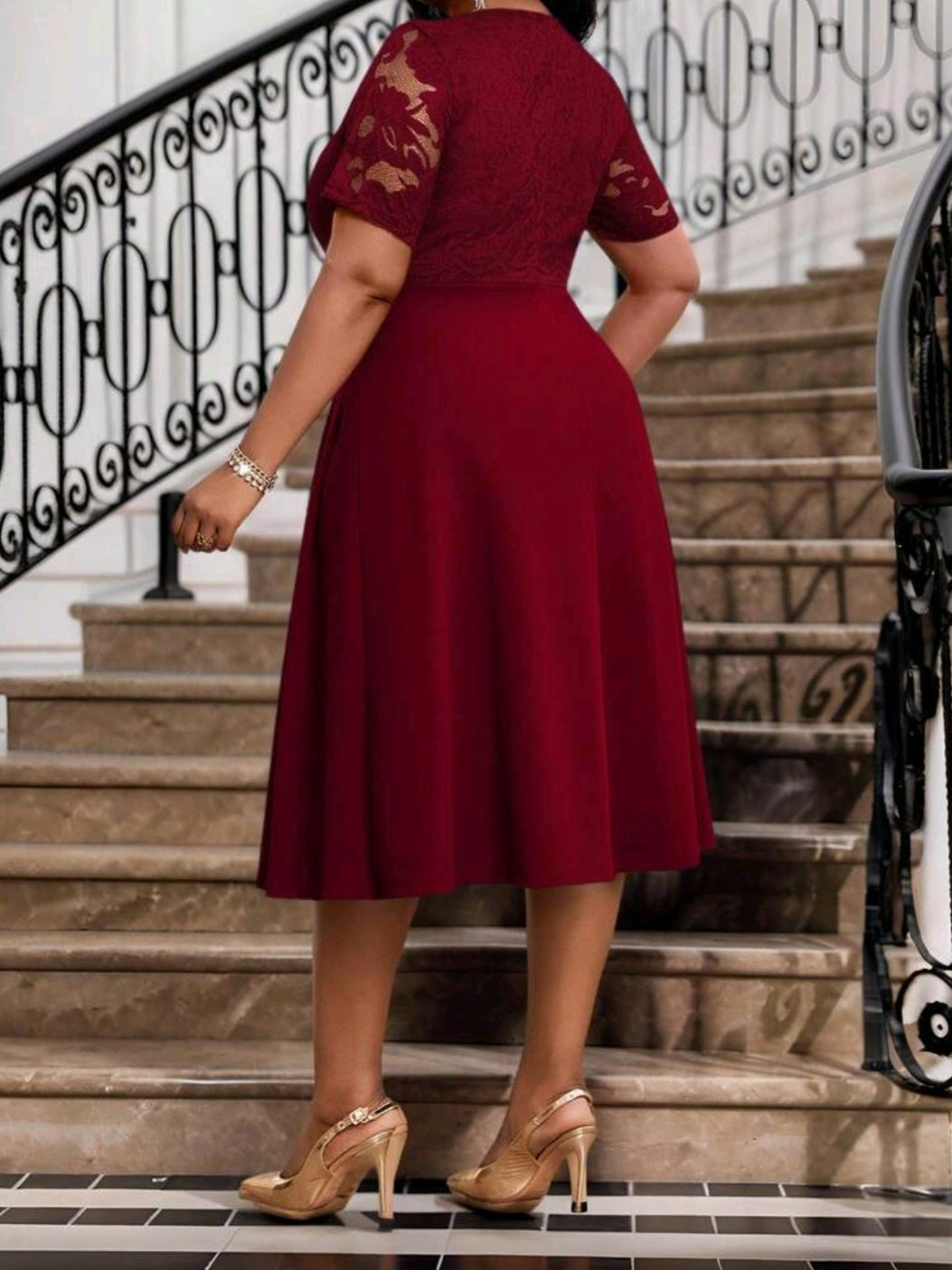 #3503 Elegant Solid Color Lace Patchwork Midi Dress