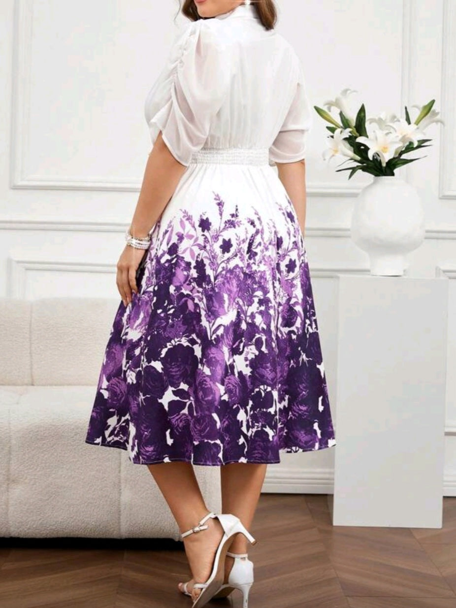 #6879 Elegant Flower Print Notched Neck Dress