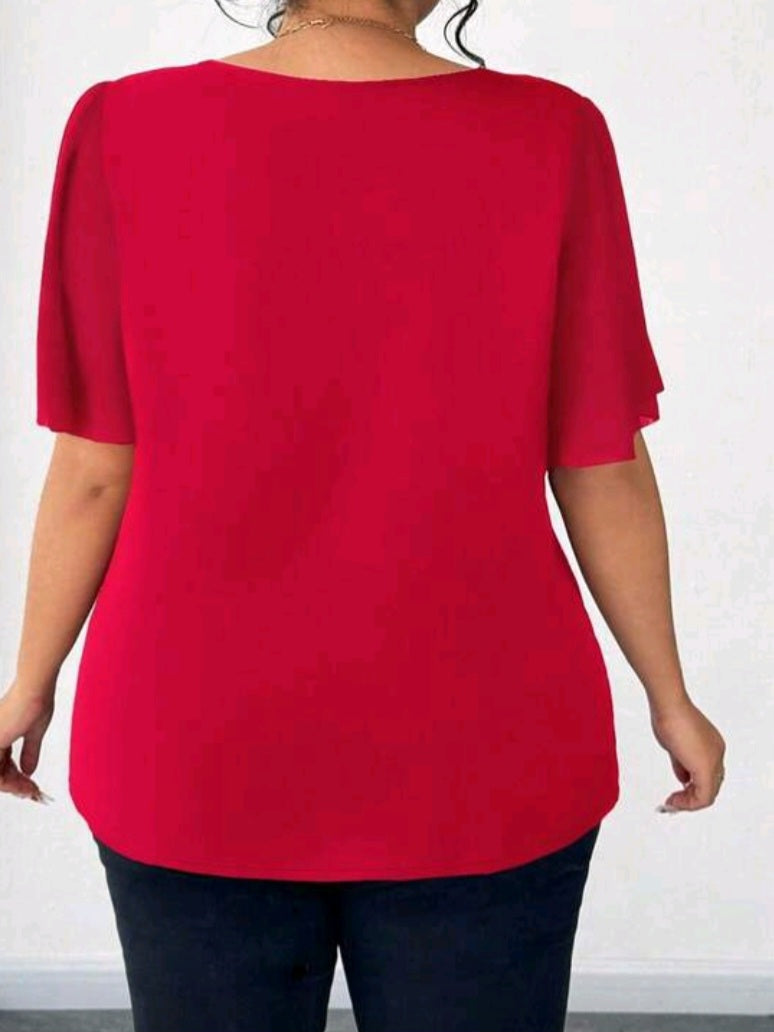 #5476 Asymmetrical Ruffle Collar Button Decor Short Sleeve Elegant Blouse