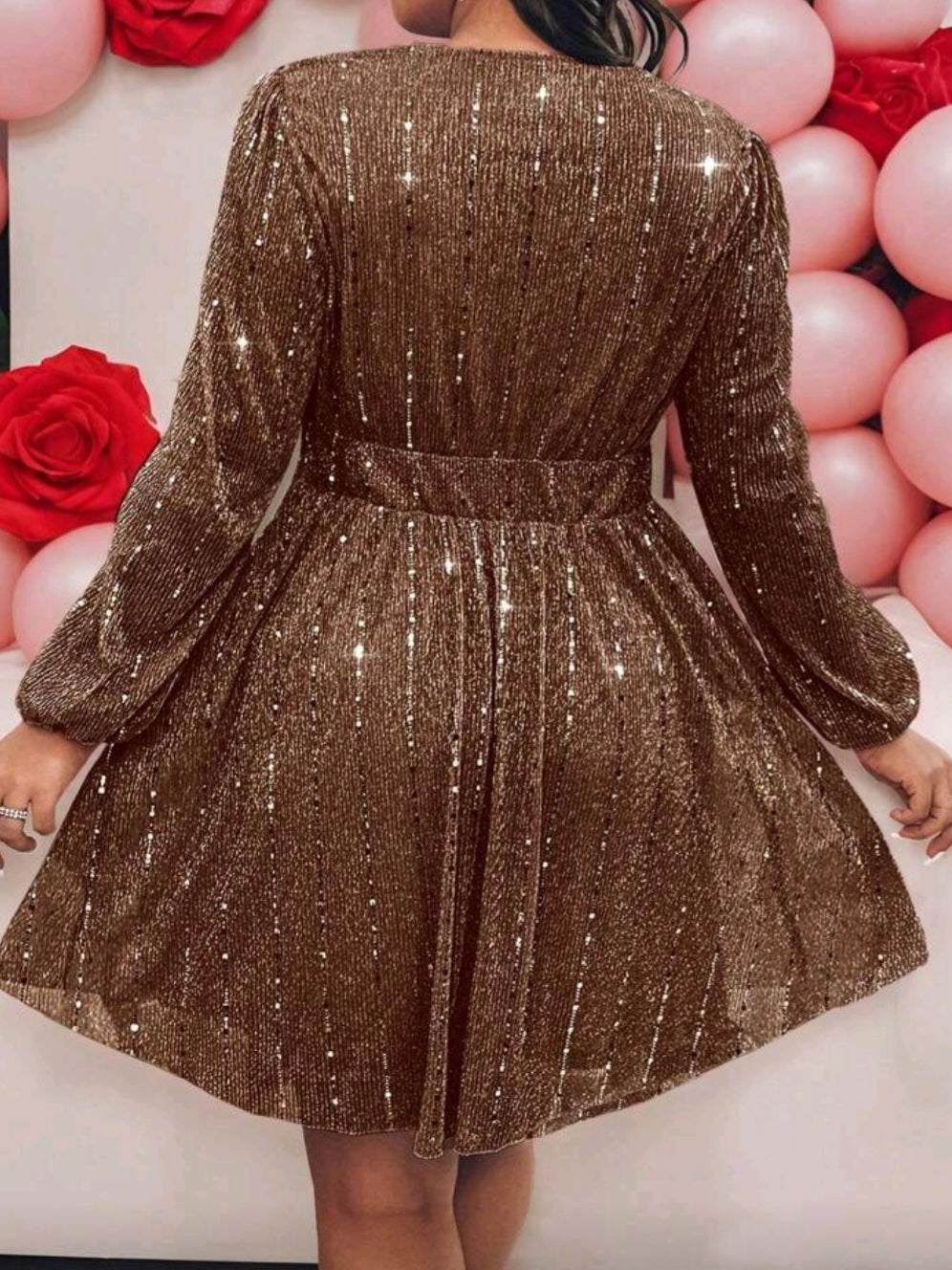 #7555 Elegant Sequin Lantern Sleeve Dress