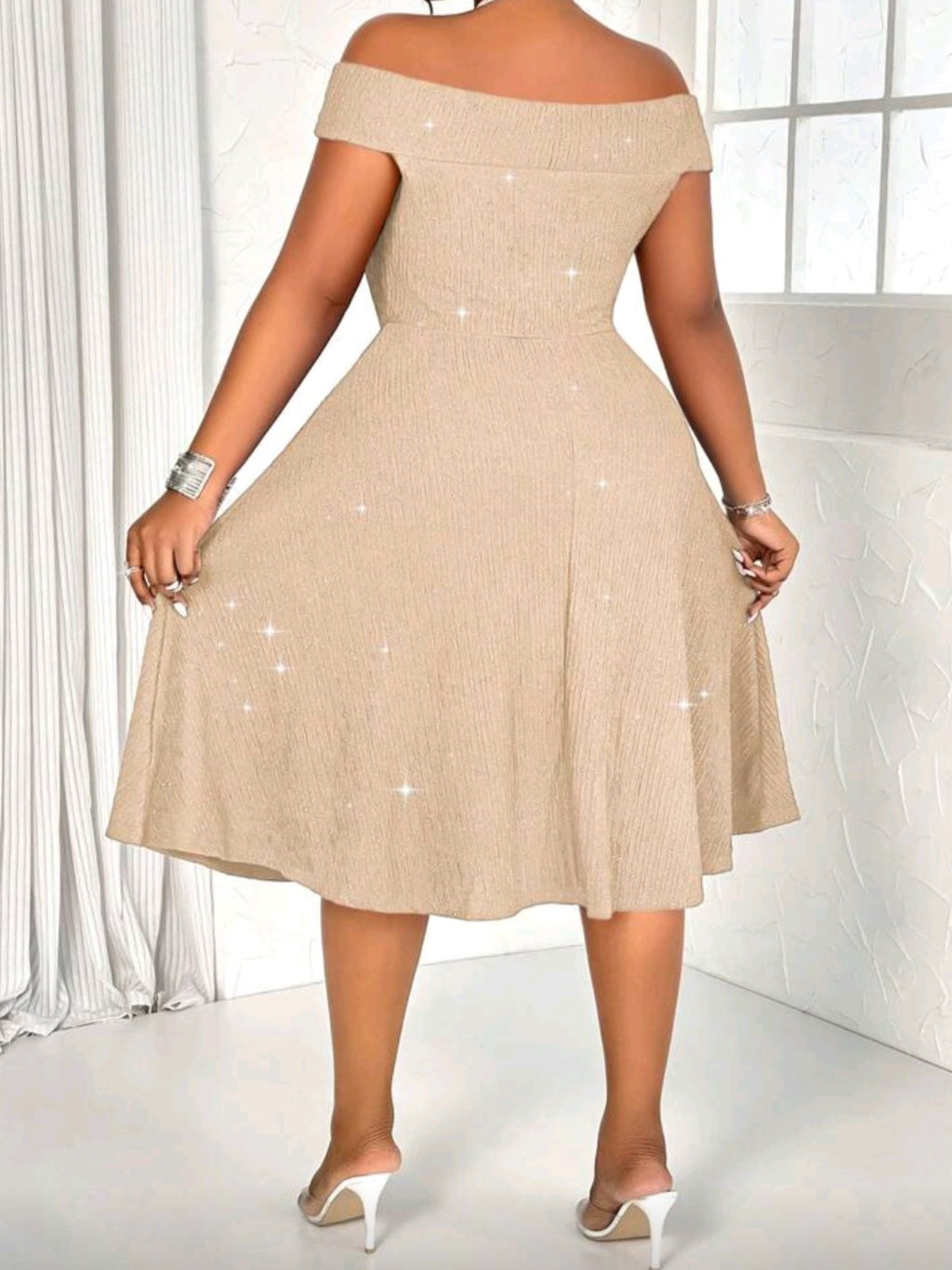 #4492 Off Shoulder Glitter Detail A-Line Dress