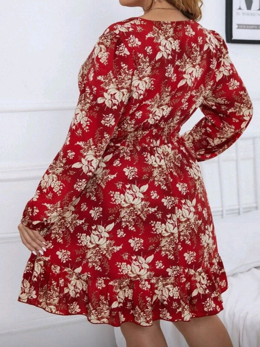 #5159 Floral Print Lantern Sleeve Shirred Waist Dress