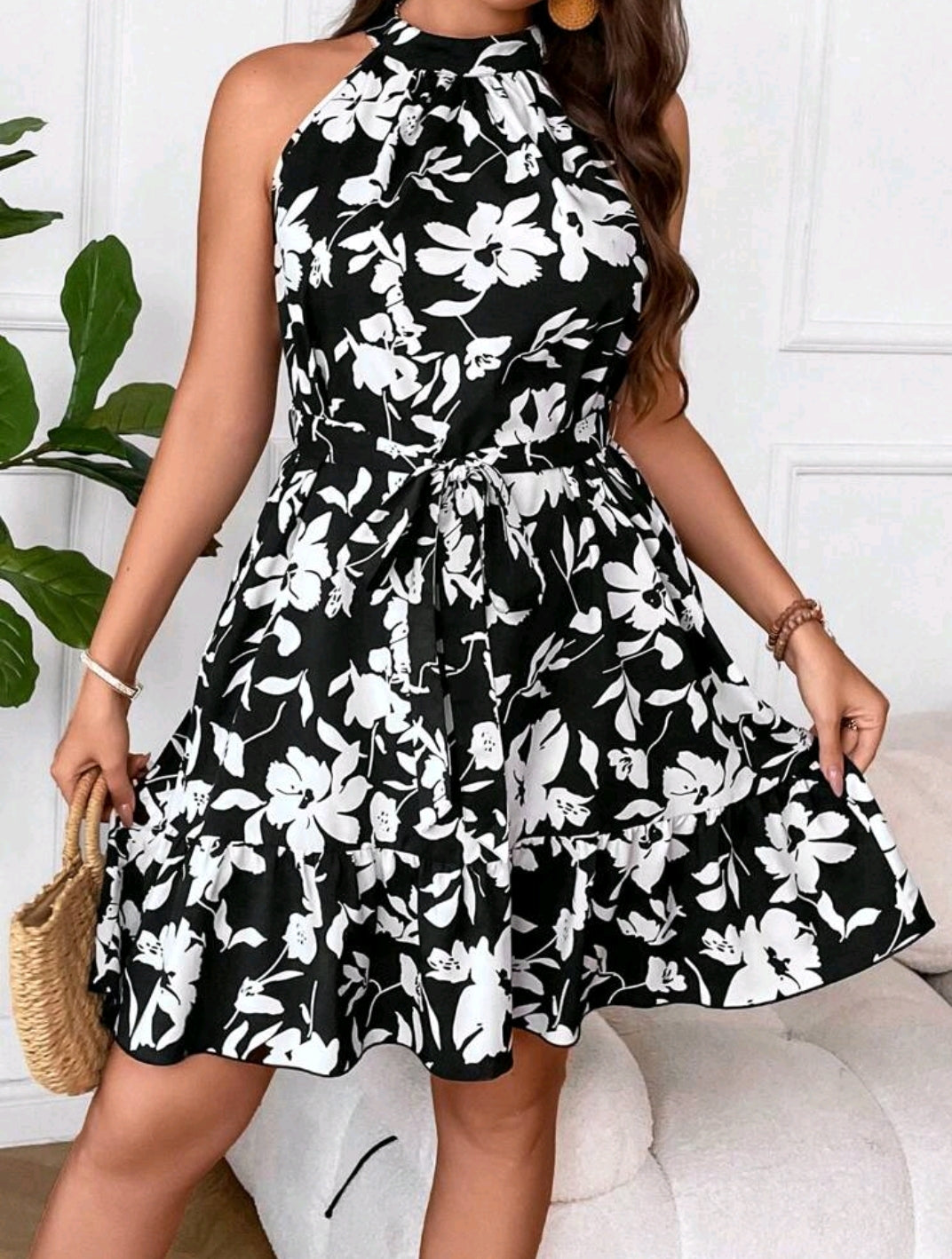 Ruffle Hem Belted Halter Dress