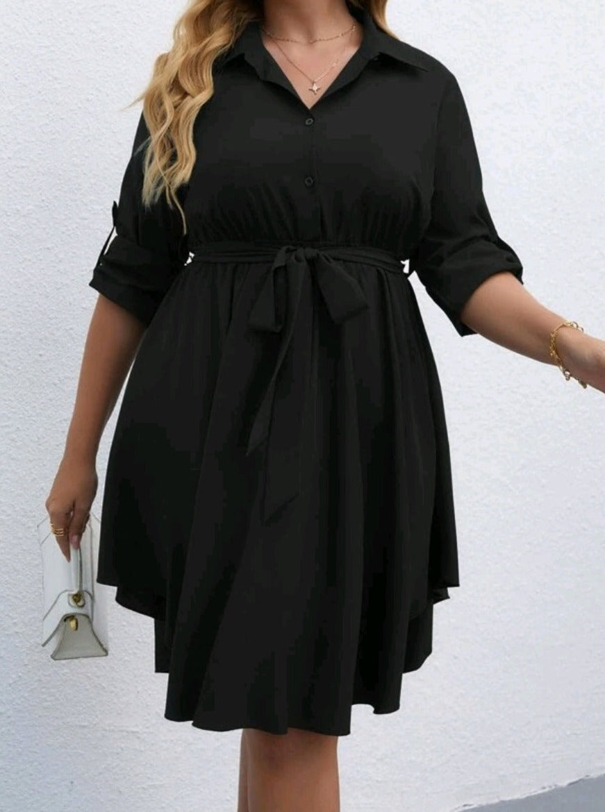 Roll Tab Sleeve Belted Shirt Dress
