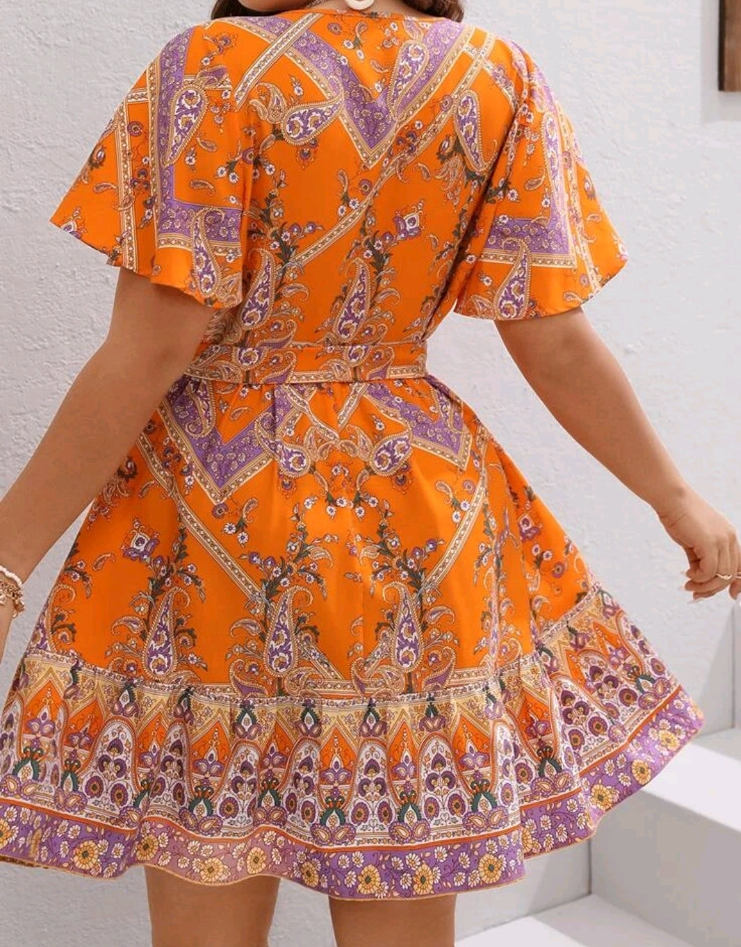 Paisley Print Butterfly Sleeve Wrap Knot Side Dress