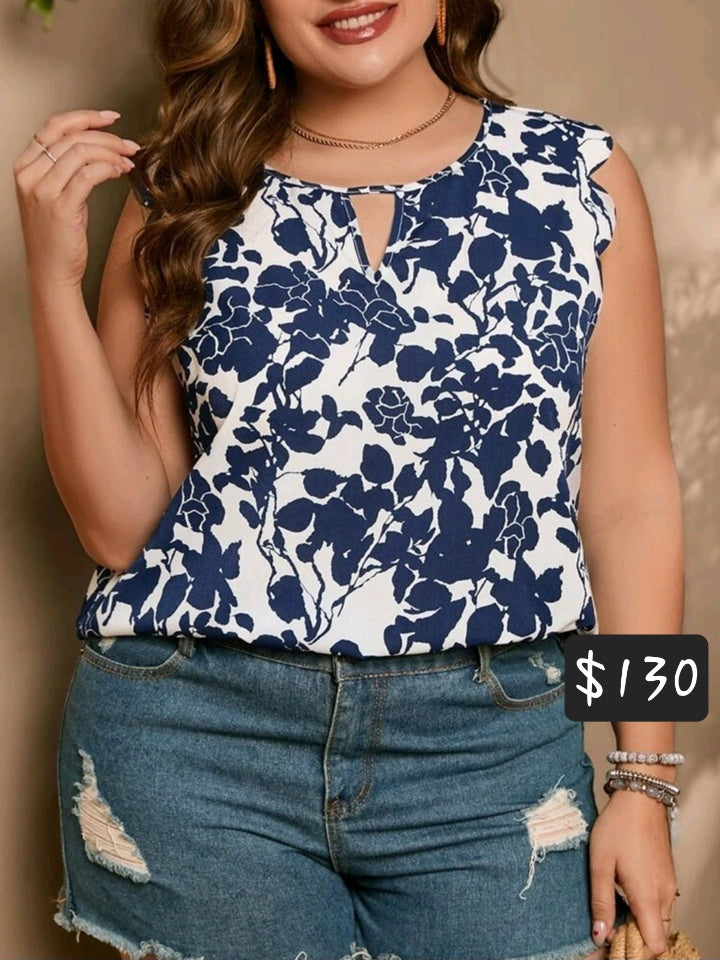 #4667 Floral Print Keyhole Neckline Scallop Trim Top