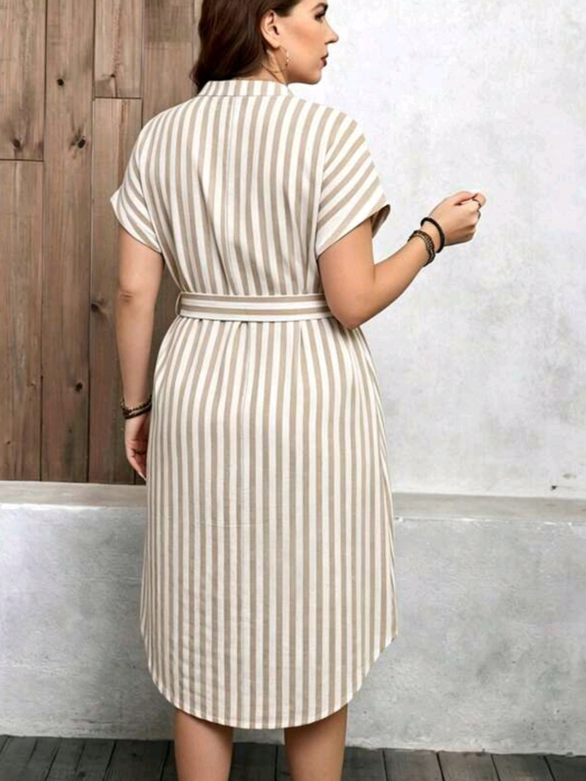 3199 Notch V-Neck Waist Knot Striped Dress