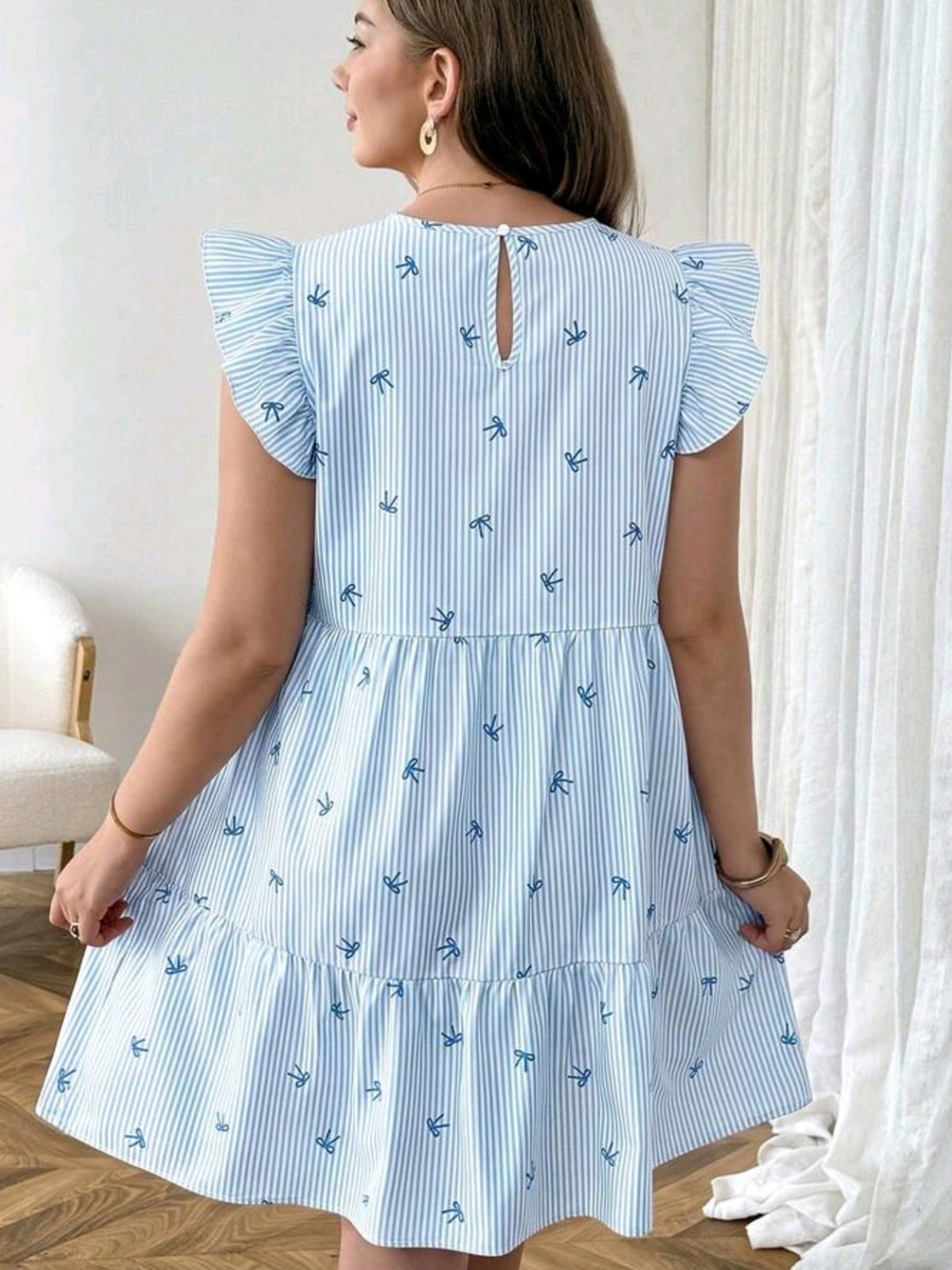 2491 Bow Pattern Round Neck Short Flutter Sleeve Dress