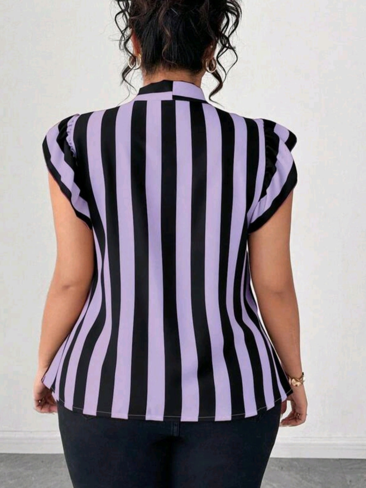 0415 Striped Tie Neck Cap Sleeve Blouse
