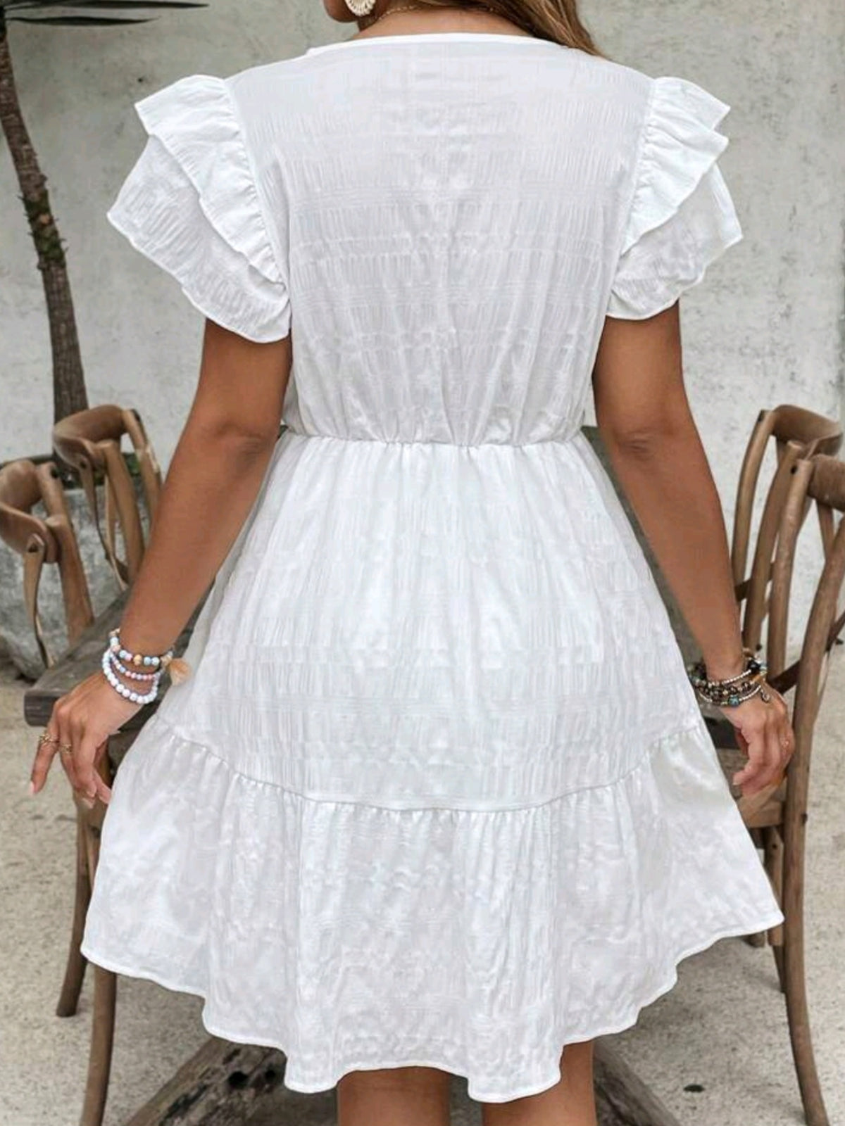 6999 Tiered Ruffle Sleeve Lace Trim Dress