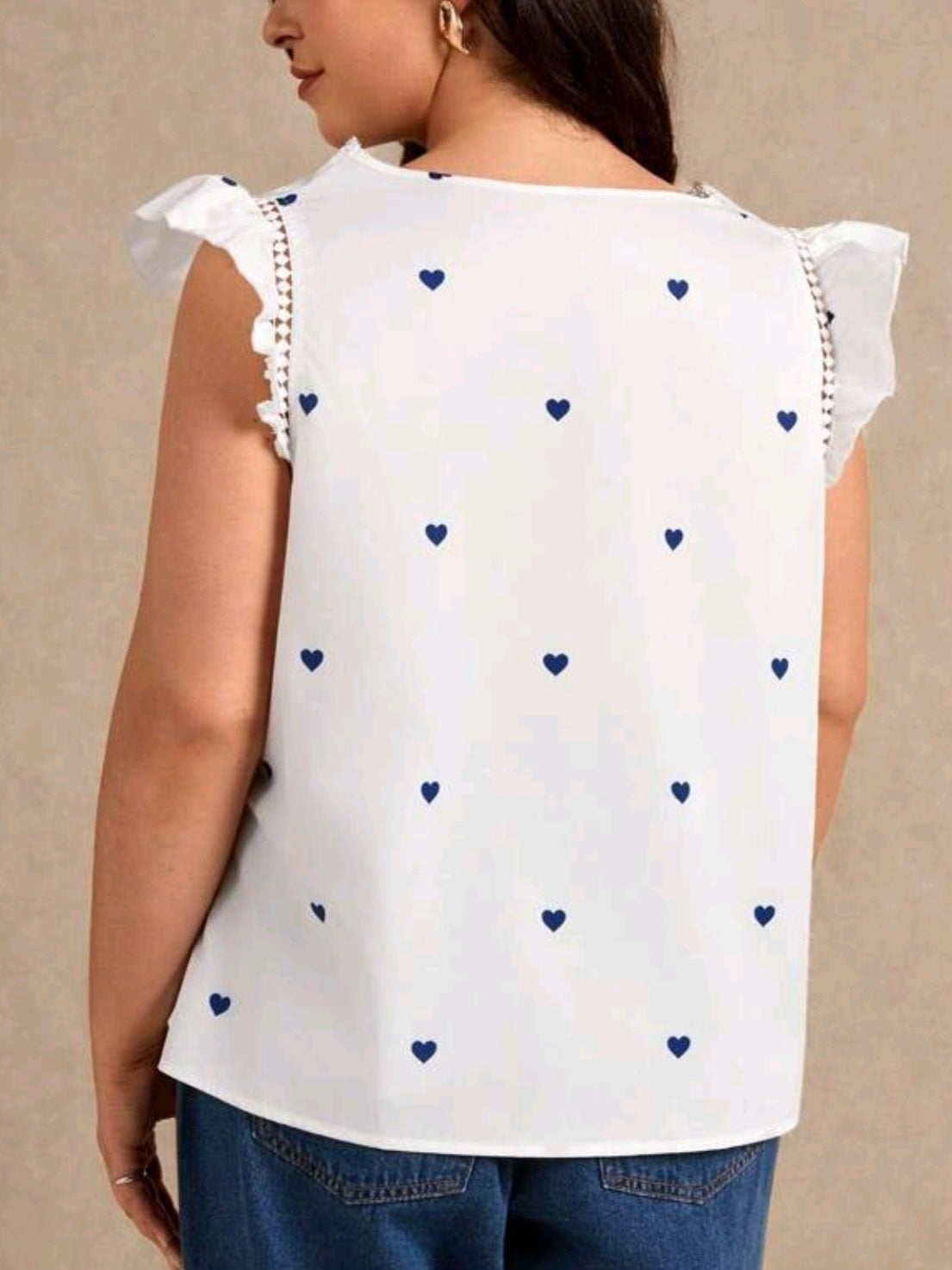 #2187 Heart Print Contrast Lace V-Neck Cap Sleeve Blouse
