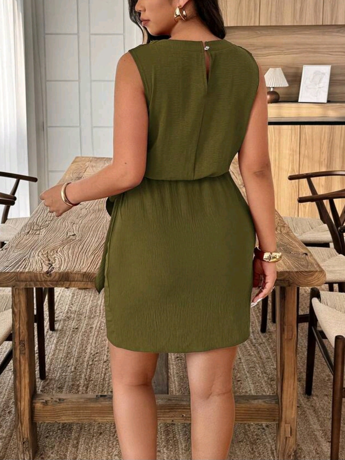 7327 Solid Color Draped Neck Twist Waist Sleeveless Dress