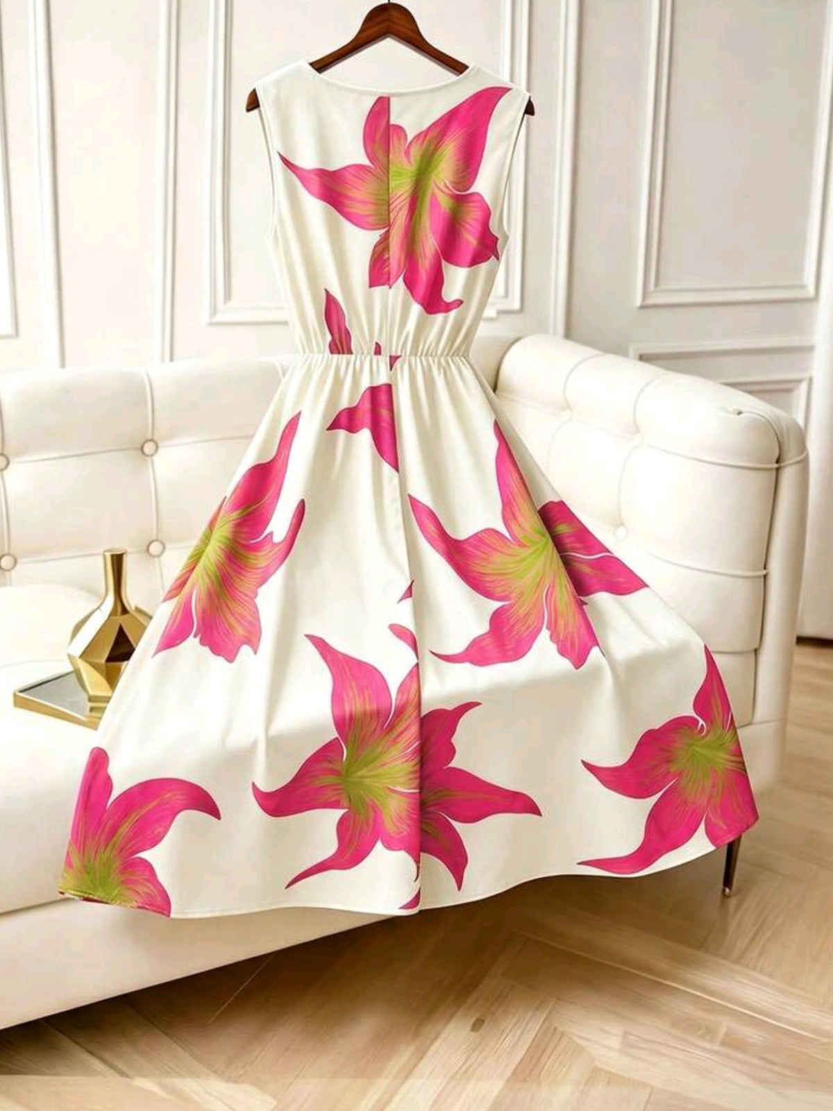 1848 Sleeveless Floral Print Dress With Bow Tie Sash