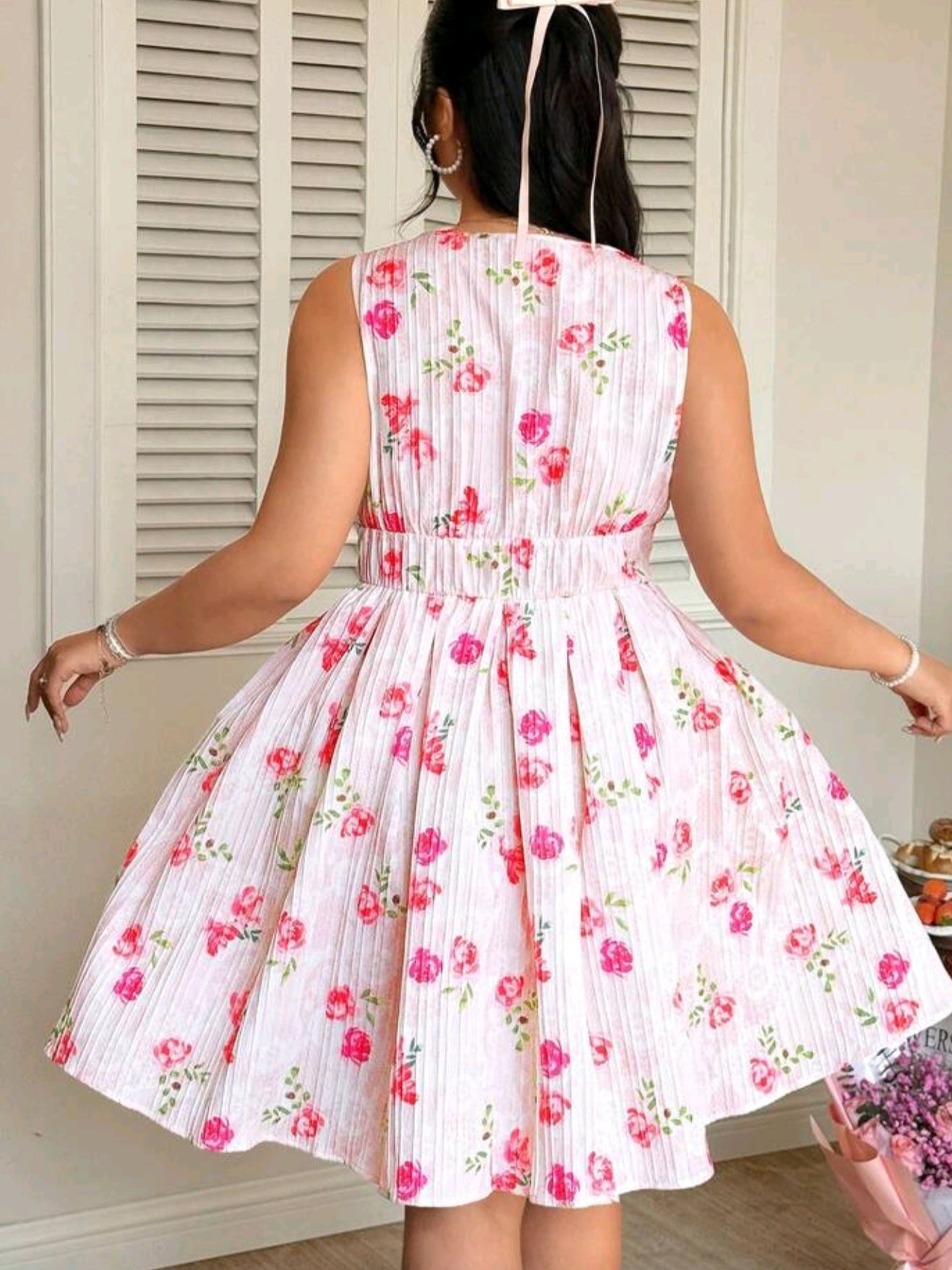 3852 Floral Print Pleated Dress