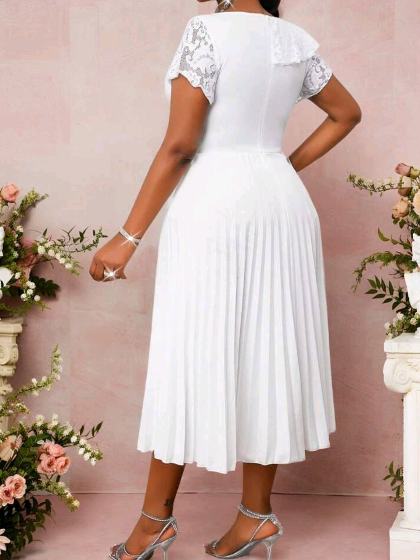 #3442 Asymmetric Collar Short Sleeve Pleated Hem Dress