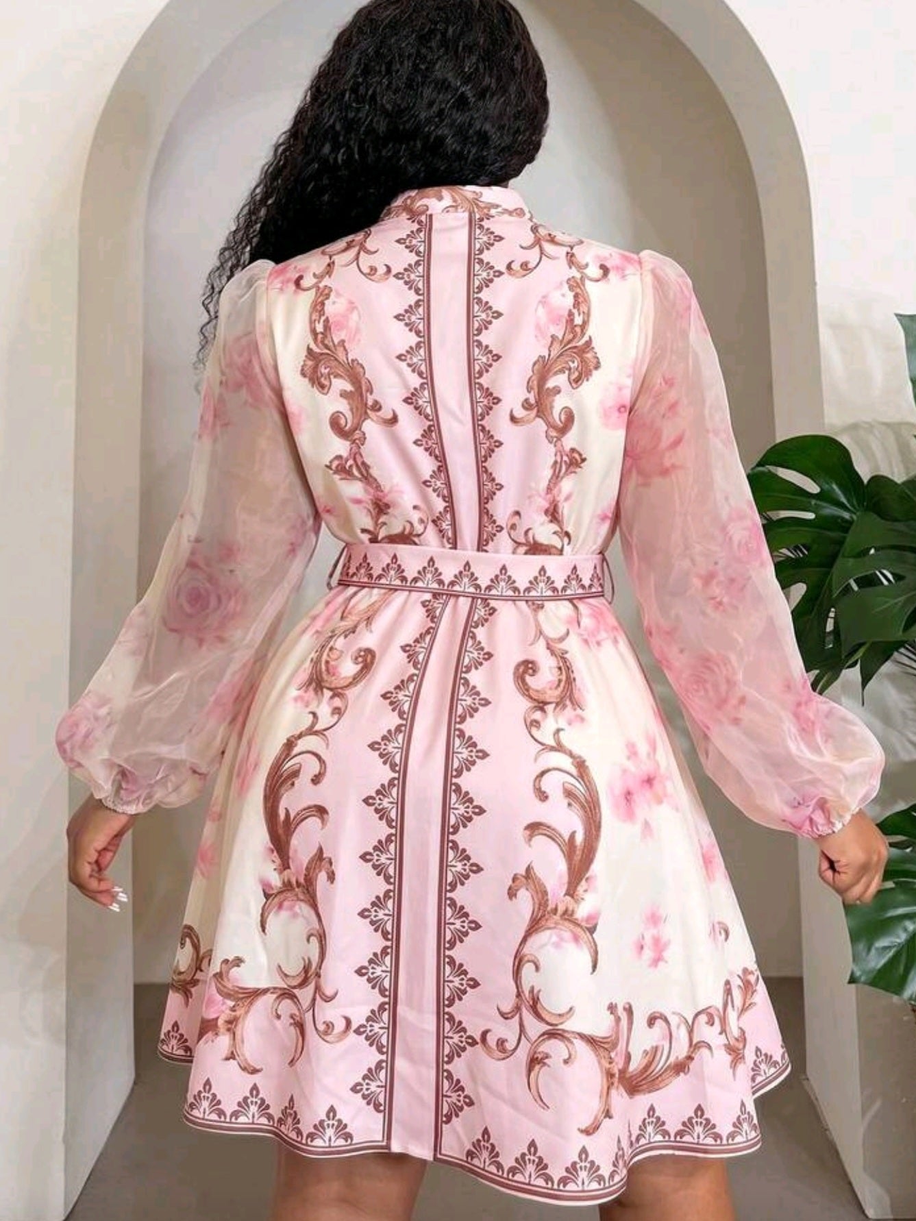 9040 Sheer Mesh Lantern Sleeve Dress