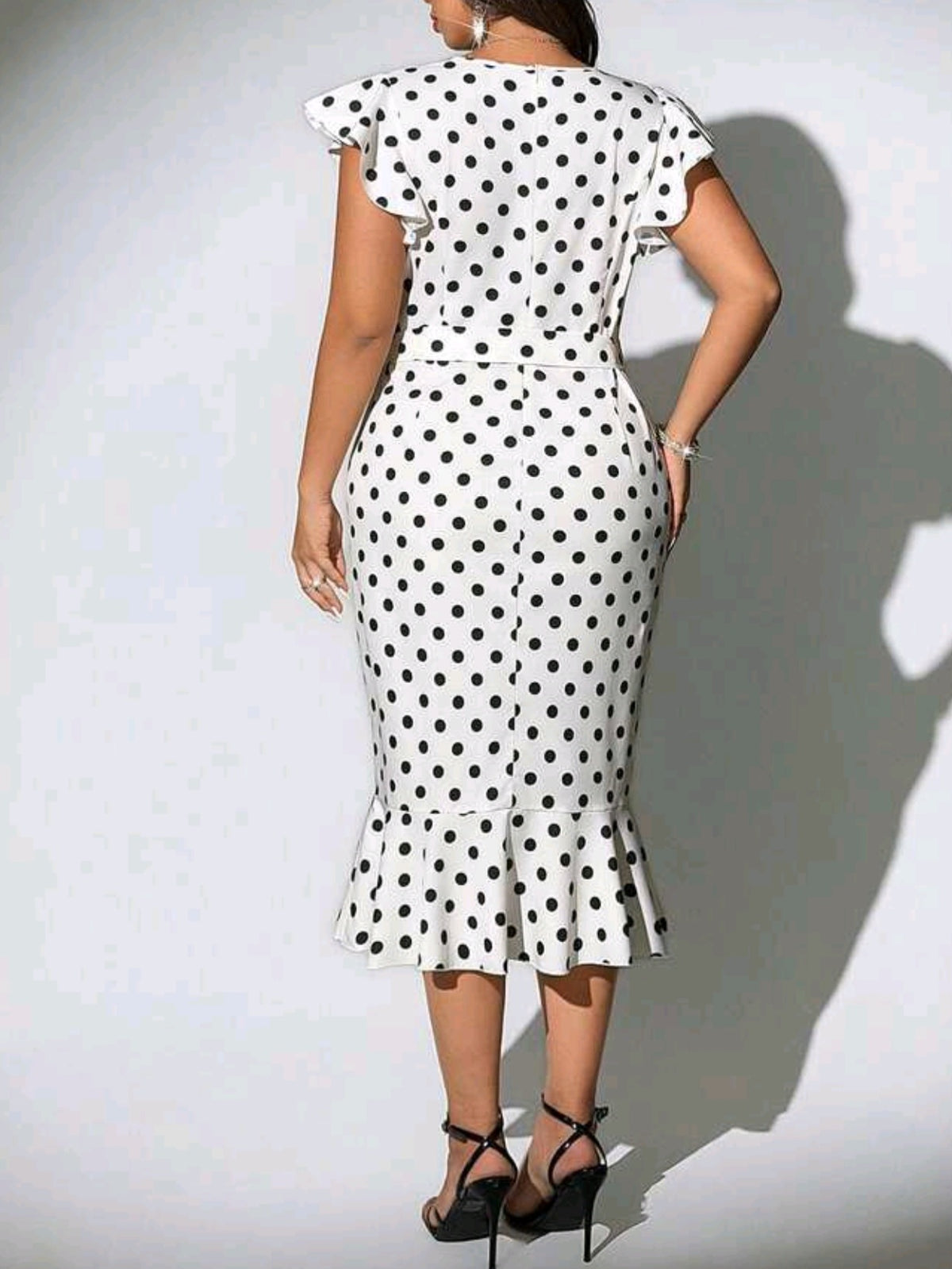 1558 V-Neck Flutter Sleeve Tie Waist Split Hem Midi Dress