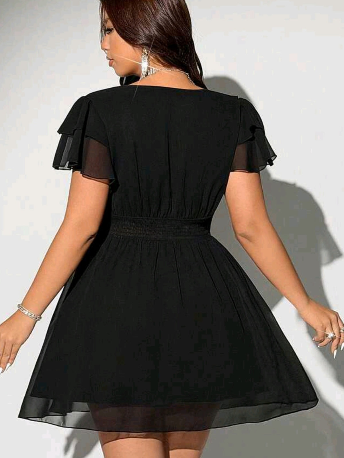 6500 V Neck Ruffle Waist A-Line Chiffon Dress