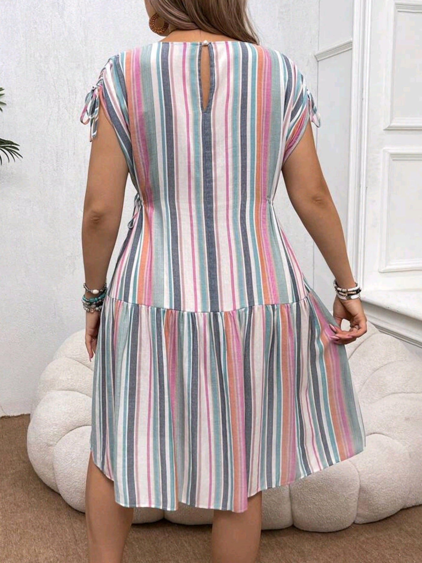3650 Boho Striped Pocket Drawstring Midi Dress