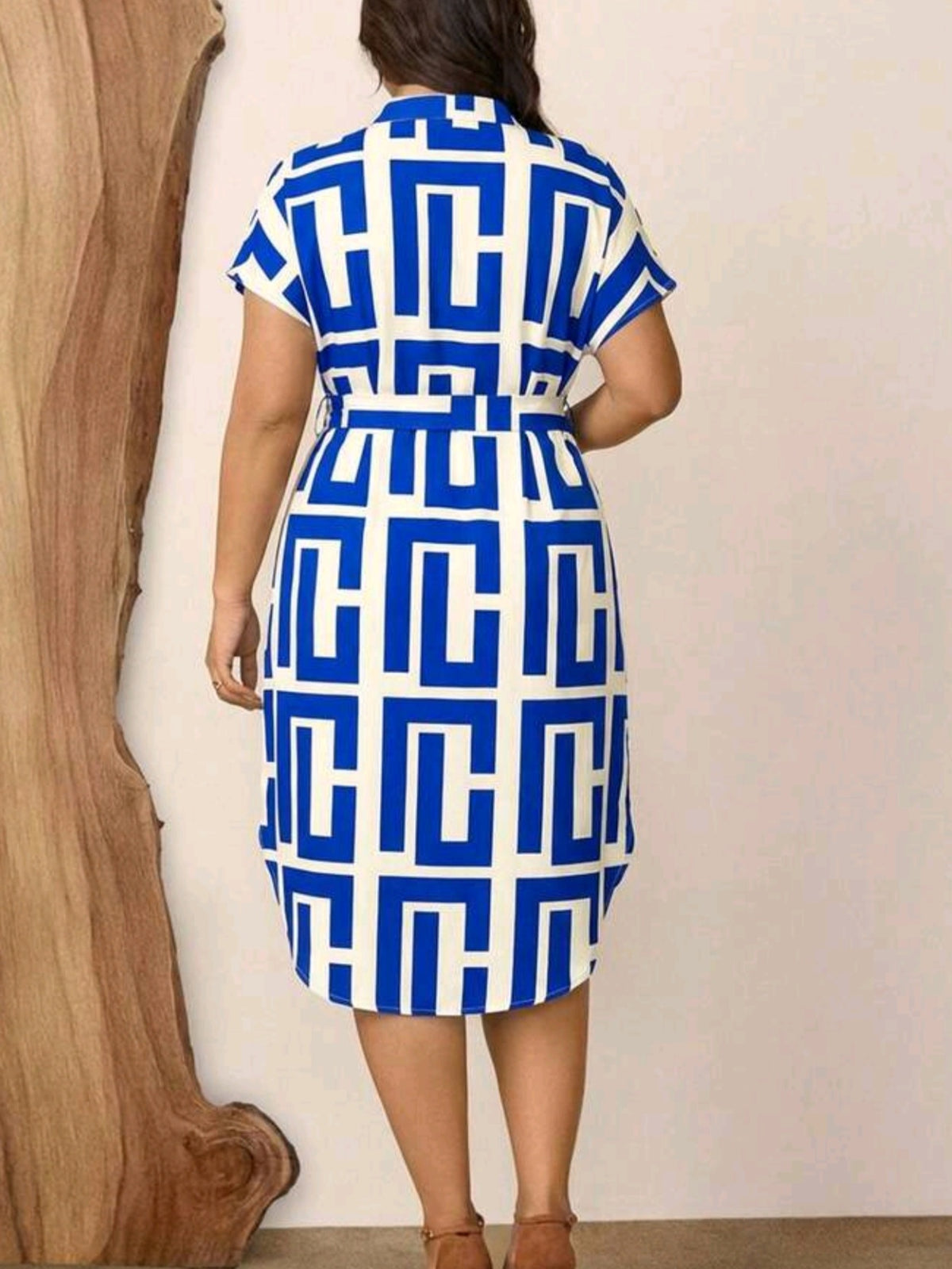 4139 Geometric Print Notch Neck Batwing Sleeve Tie Waist Dress