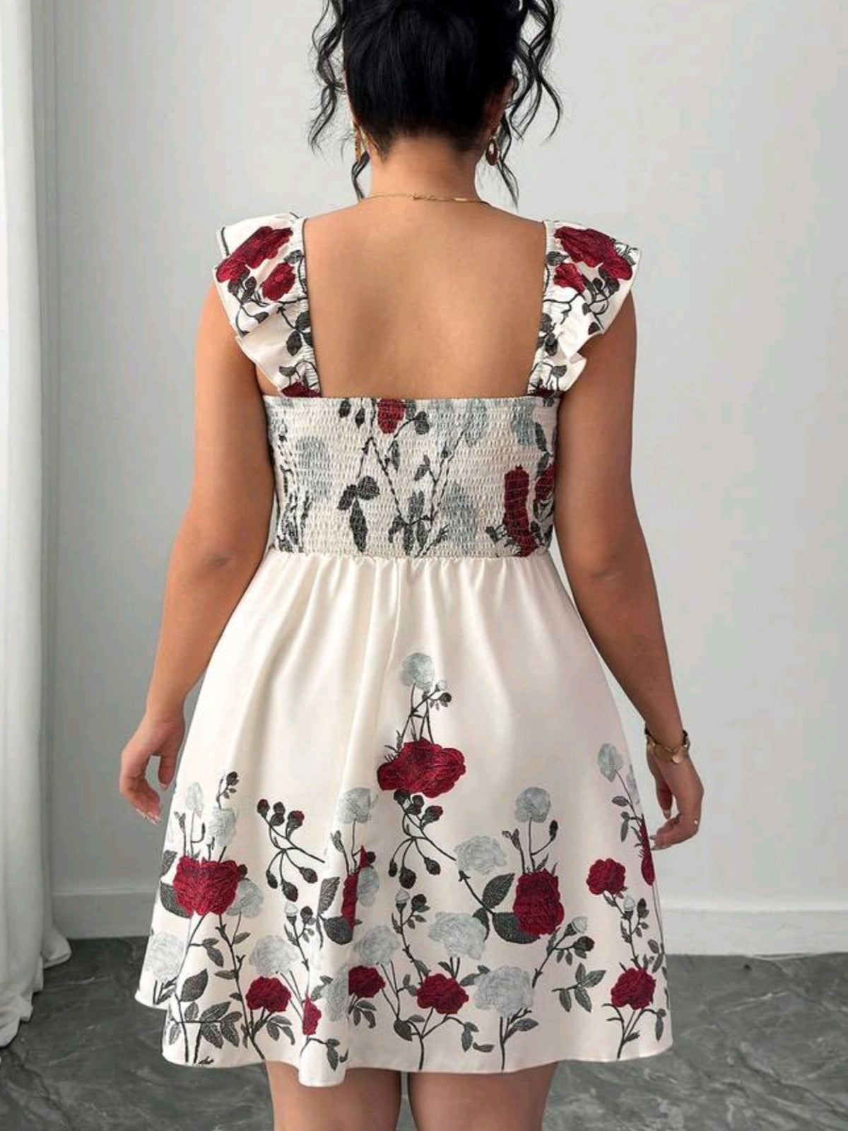 9310 Square Collar Flowy Flutter Sleeve A-Line Dress