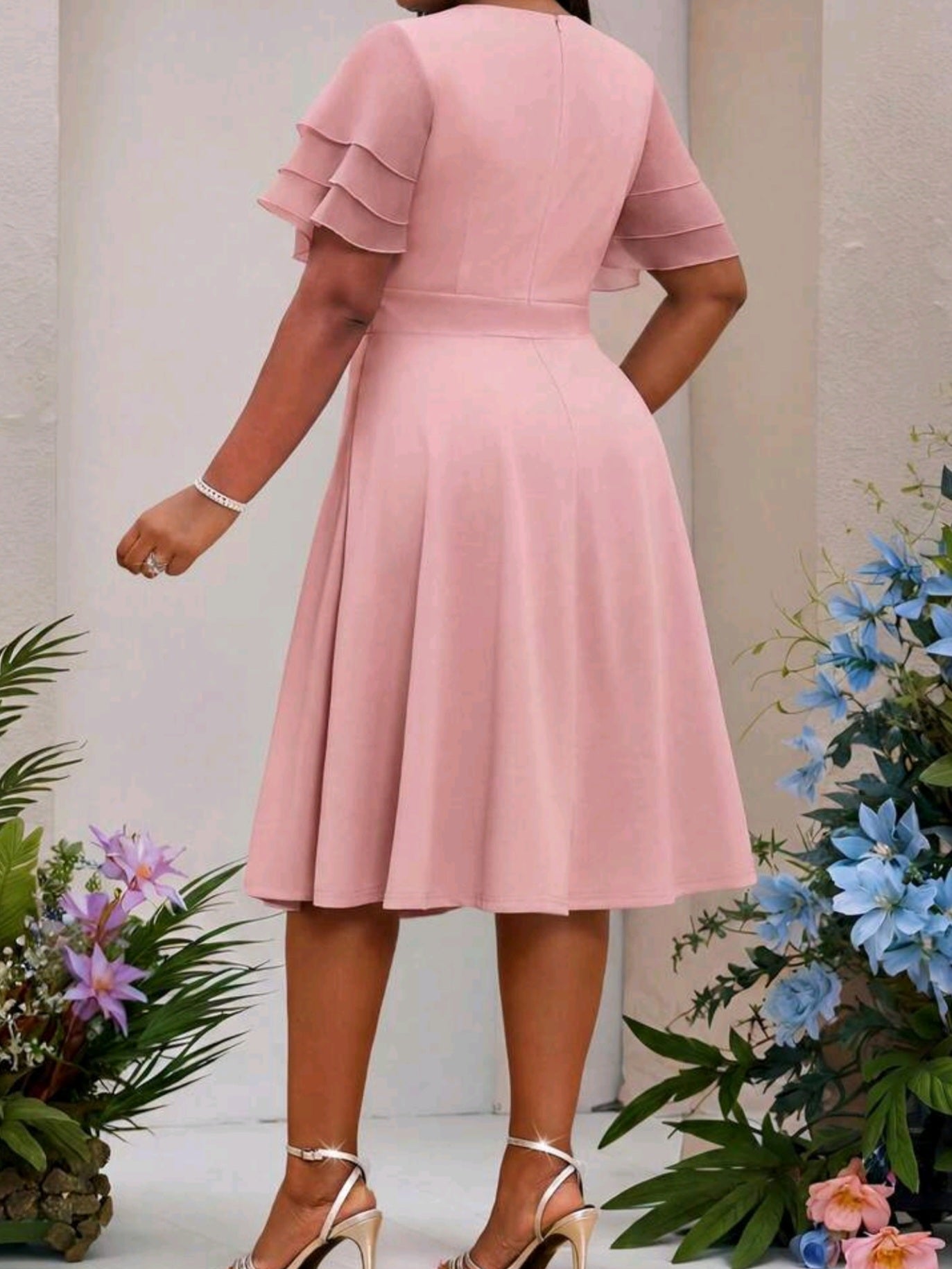 3168 Pleated Ruffle Sleeve Dress
