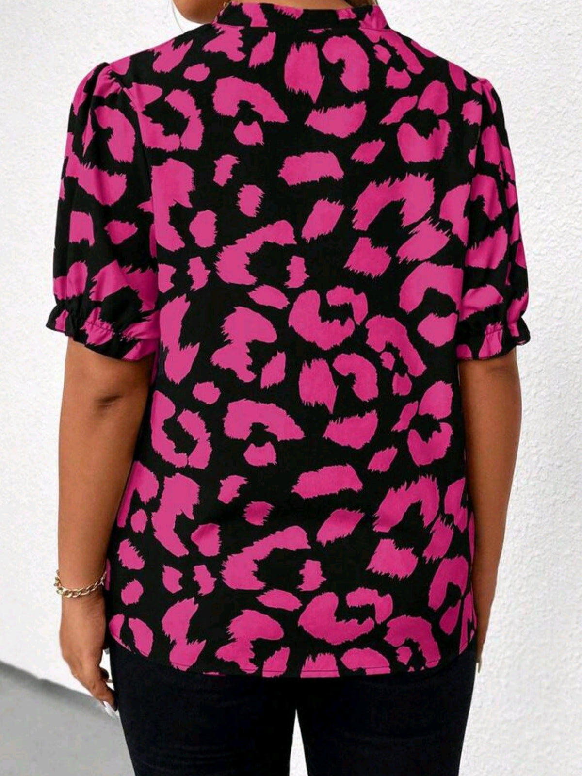 5893 V-Neck Random Print Puff Sleeve Blouse