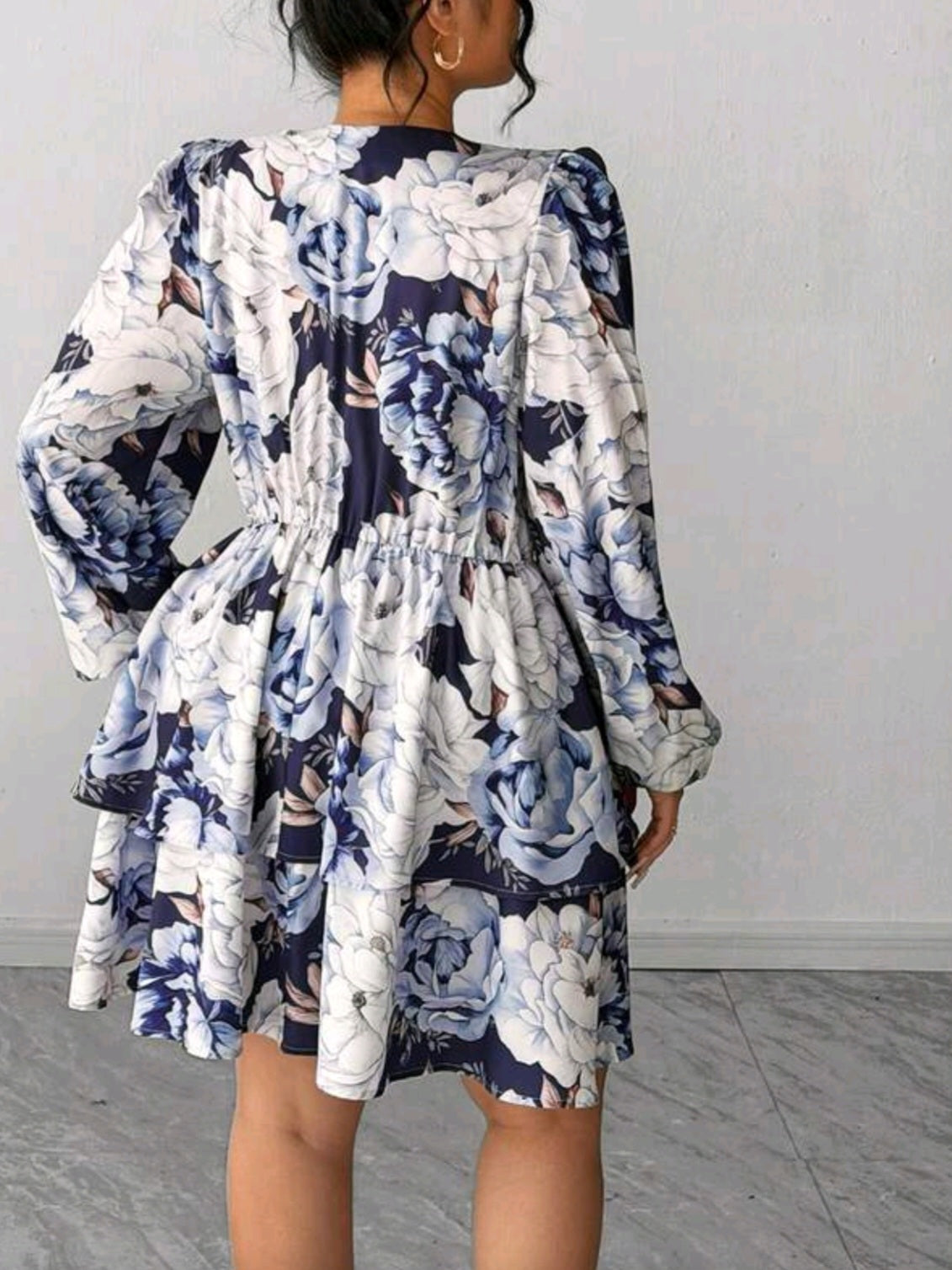 5113 Floral V-Neck Petal Sleeve Double Ruffle Hem Dress
