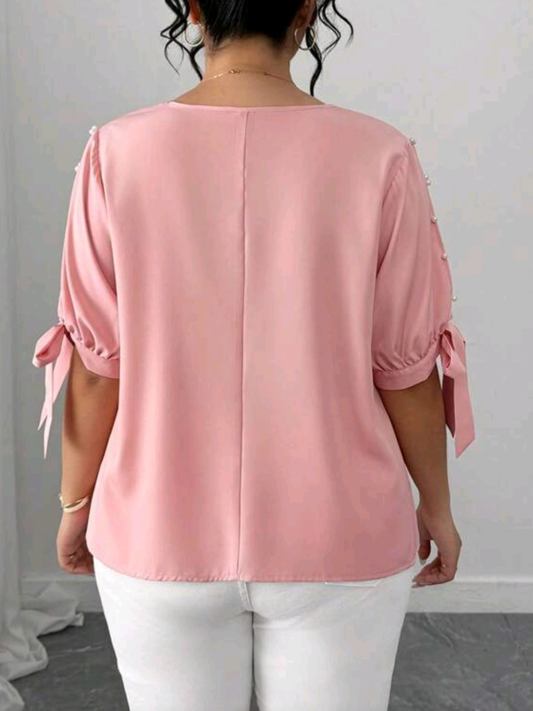 9454 Ruffle Tie-Up Half Sleeve Pearl Decor Top